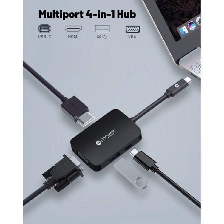 Cổng Chuyển Đổi Mazer USB-C 4-in-1 HUB hỗ trợ HDMI , VGA , USB 3.0 , Type C cho Laptop, Macbook, điện thoại, BH 5 Năm