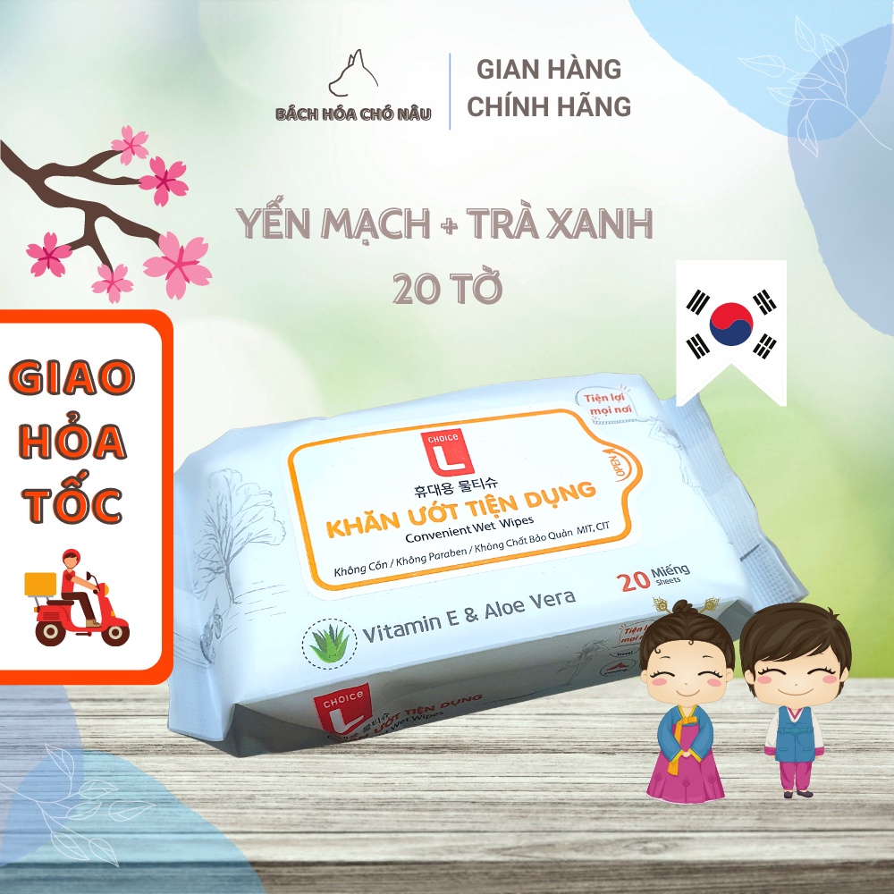 Khăn Ướt Bỏ Túi Hàn Quốc LOTTE Choice L 20 Tờ/ Gói Chiết xuất Yến Mạch Trà Xanh