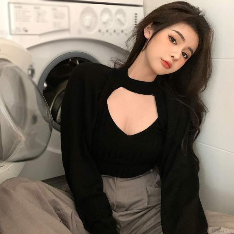 Áo Sweater Tay Dài Cổ Tròn Hở Lưng Màu Sắc Thanh Lịch