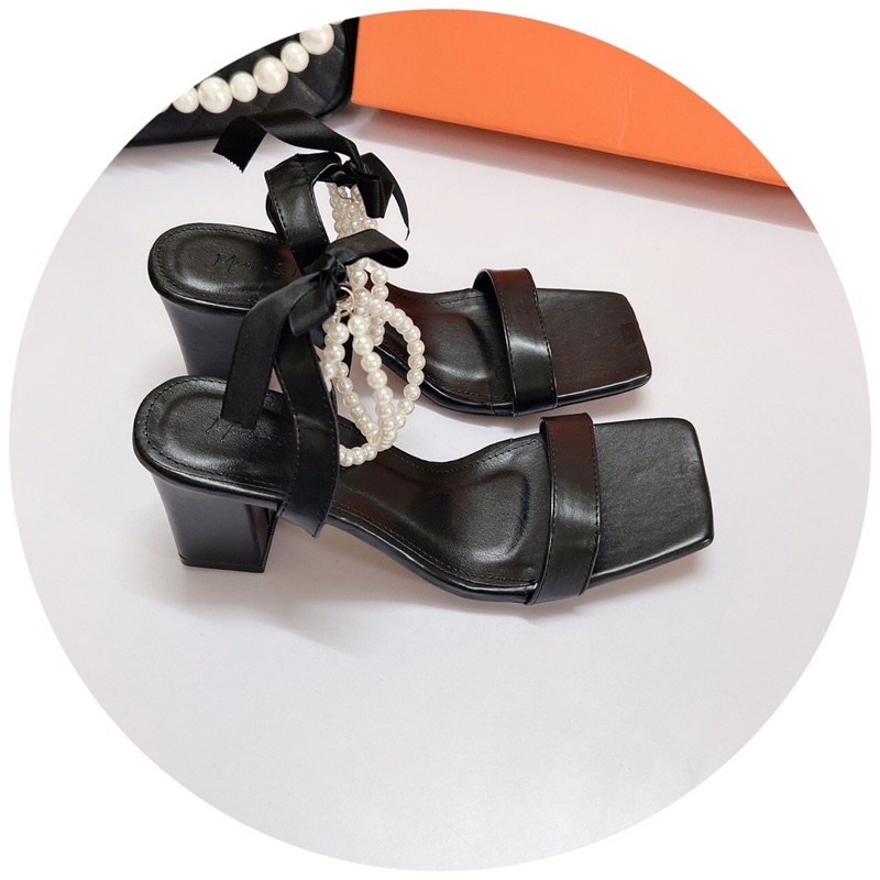 Giày sandal nữ cao gót quai mảnh da lì bít gót hai quai ngọc cuốn cổ chân gót vuông 7cm sang chảnh tiểu thư