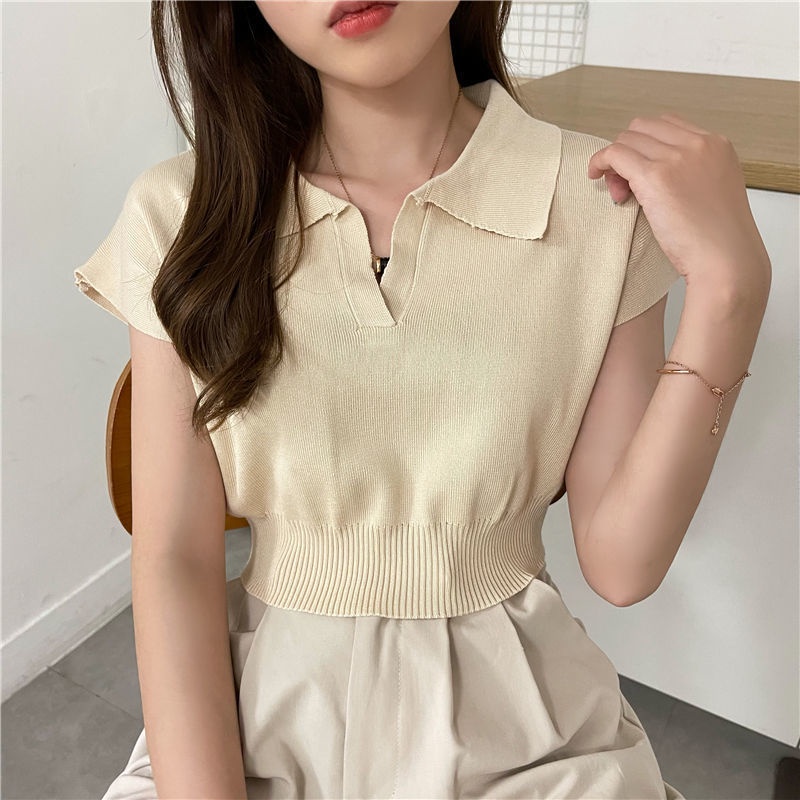 Áo Thun Dệt Kim Tay Ngắn Cổ POLO Màu Trơn Phong Cách Hàn Quốc Thời Trang Mới Cho Nữ