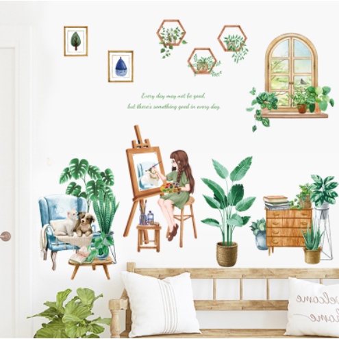 Decal trang trí tường - Cô gái vẽ tranh và 2 bạn cún trên sofa