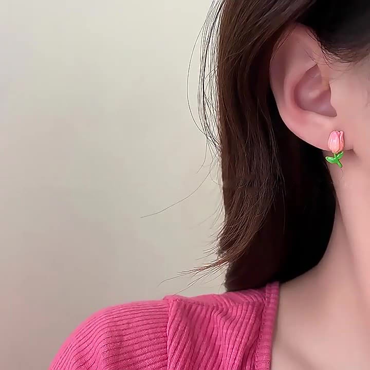 Bông Tai Mạ Bạc 925 Hình Hoa tulip Hồng Dễ Thương Phong Cách Hàn Quốc