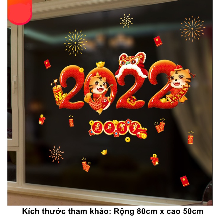 Decal trang trí tường dán tết - 2022 Hổ con pháo hoa xin xắn