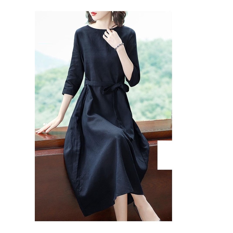 Đầm suông linen dáng chữ A cổ V tay lỡ xanh than, chất đũi mềm mát, thời trang phong cách Hàn Quốc