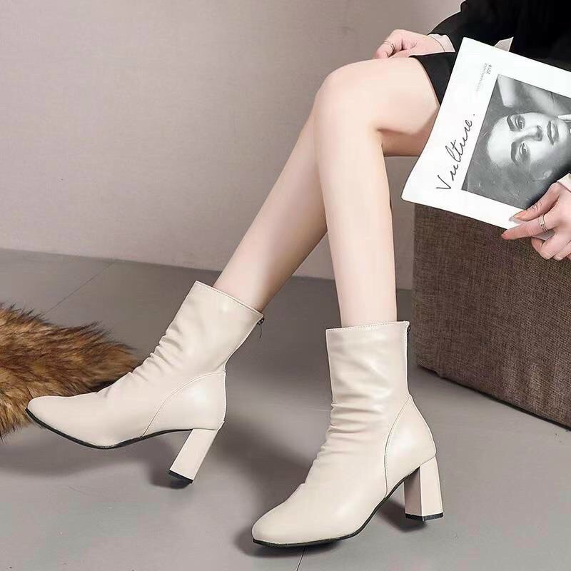 Bốt nữ cao gót da mềm cổ nhún lót nỉ cao cấp - giày boots nữ cổ lửng hàng loại VIP