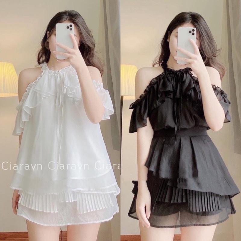 SET ÁO YẾM VIỀN BÈO KÈM CHÂN VÁY DẬP LY TRẮNG (về thêm đen)