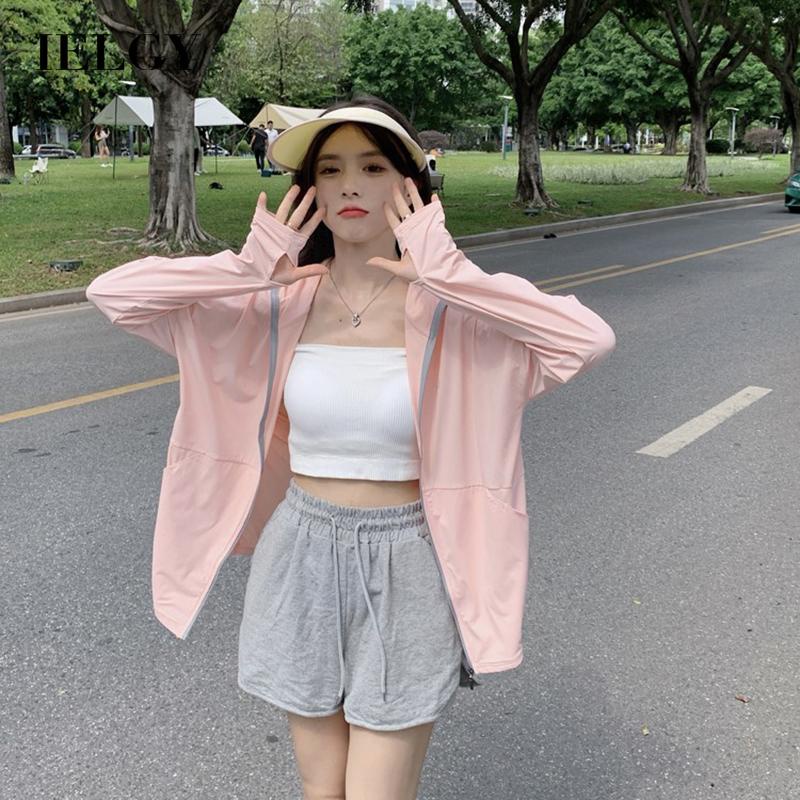 IELGY Áo Khoác Chống Nắng Tay Dài Có Mũ Trùm Đầu Chất Liệu Lụa Mát Mỏng Nhẹ Thời Trang Cho Nữ