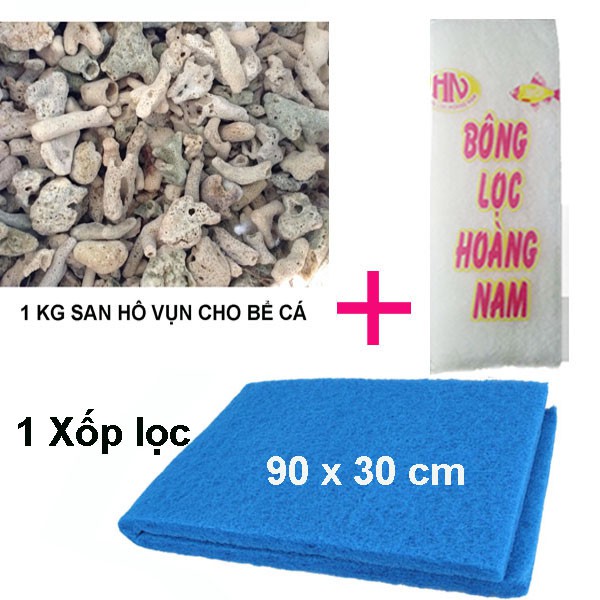 COMBO 3 Vật Liệu Lọc Nước: Xốp 90x30 + Bông 60x13 + 1kg San Hô Vụn cho Bể Cá