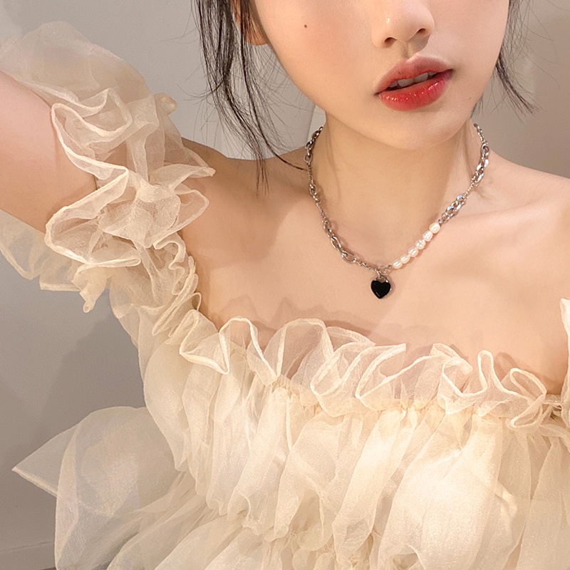 Vòng cổ Mạ Bạc 2K Mặt Hình Trái Tim Đính Ngọc Trai Nhân Tạo Thời Trang