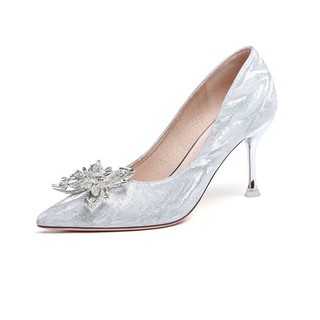 Giày cưới 2021 cô dâu mới và phù pha lê nghi thức công chúa đám sequins bạc cao gót nữ nhọn