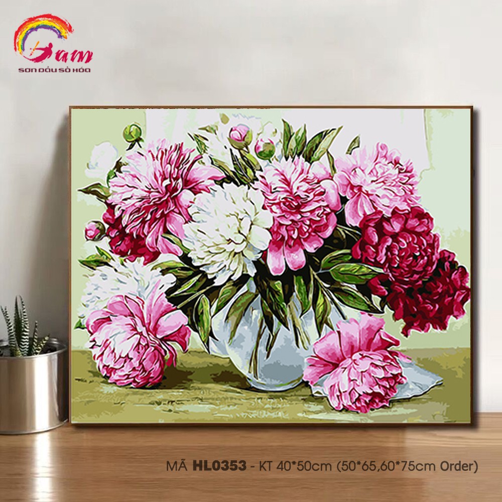 Tranh sơn dầu số hoá DIY tự tô - Mã HL0353 - Hoa mẫu đơn 40x50cm có khung