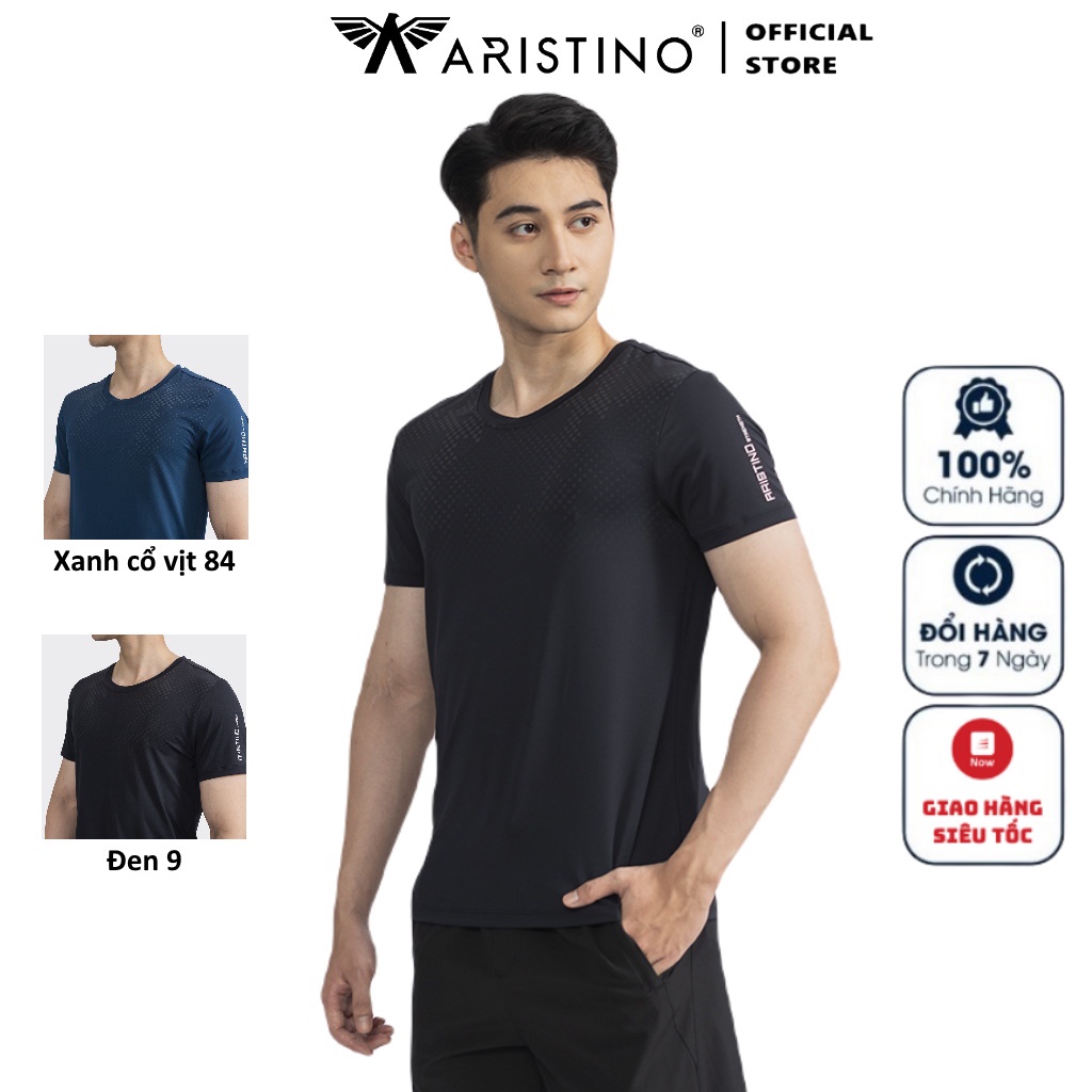 Áo Thun Nam Ngắn Tay Cổ Tròn ARISTINO ATS038S2 Áo Phông T-Shirt trơn màu đục lỗ Vải Polyester thể thao Dáng slim fit