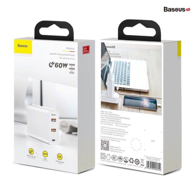 Củ sạc siêu nhanh Baseus công xuất 60W Sạc Nhanh Quick Charge 4.0  3.0  2 cổng USB Đa Năng Sạc Cho iPhone Xiaomi Samsung