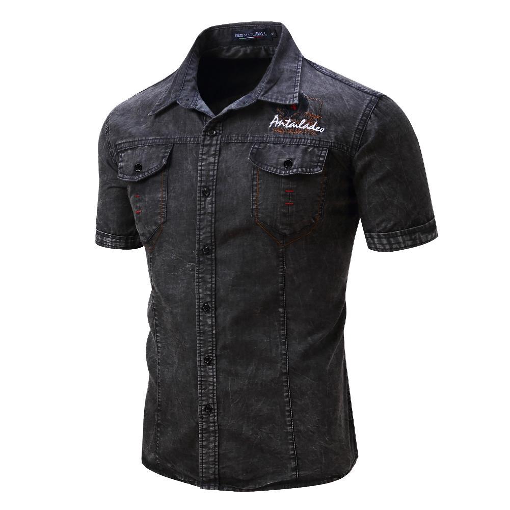 Áo jean thời trang nam ngắn tay bâu cánh én kiểu dáng cổ điển lịch lãm | BigBuy360 - bigbuy360.vn