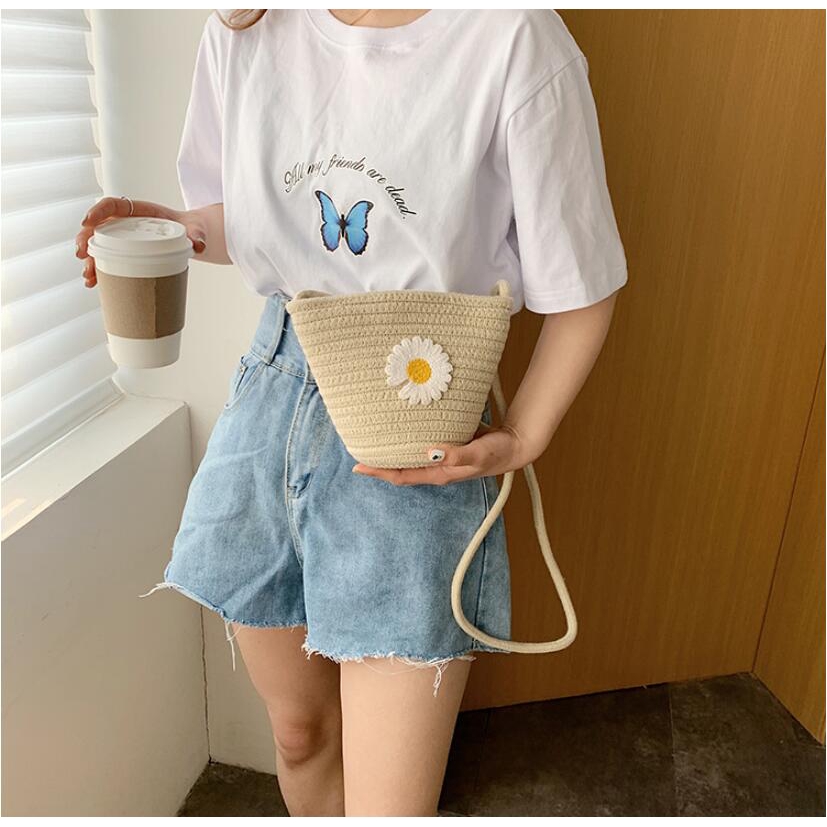 Túi cói đeo vai họa tiết hoa xinh xắn thời trang cho phụ nữ