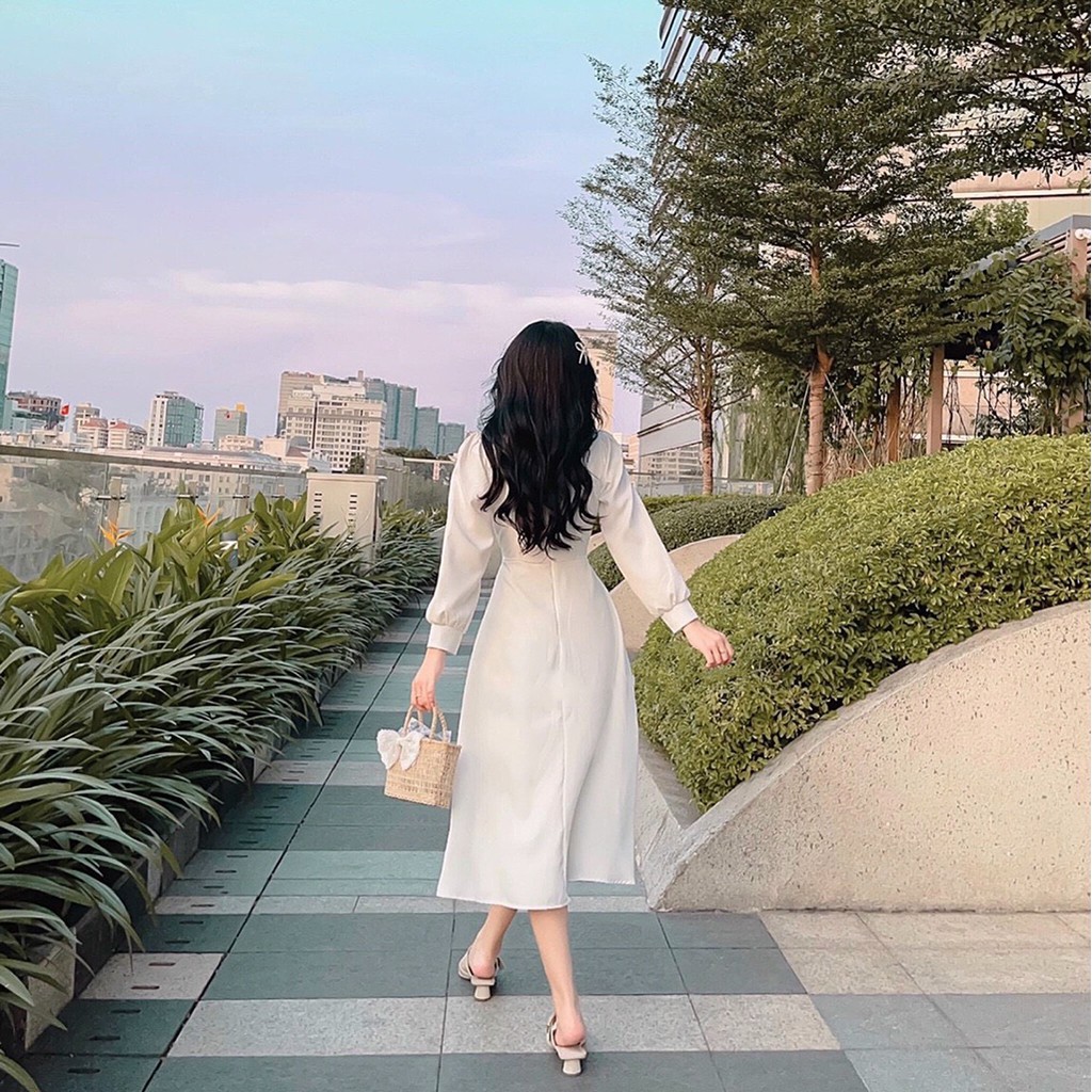 Đầm dự tiệc trắng dập ly ngực tay dài phong cách trẻ trung XUKA-DRESS MT100-chất Lụa cao cấp đẹp | BigBuy360 - bigbuy360.vn