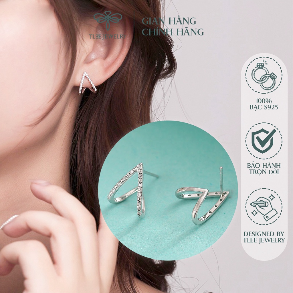 Khuyên tai bạc nữ TLEE chữ V ngược nạm đá sang trọng NCJ B0188