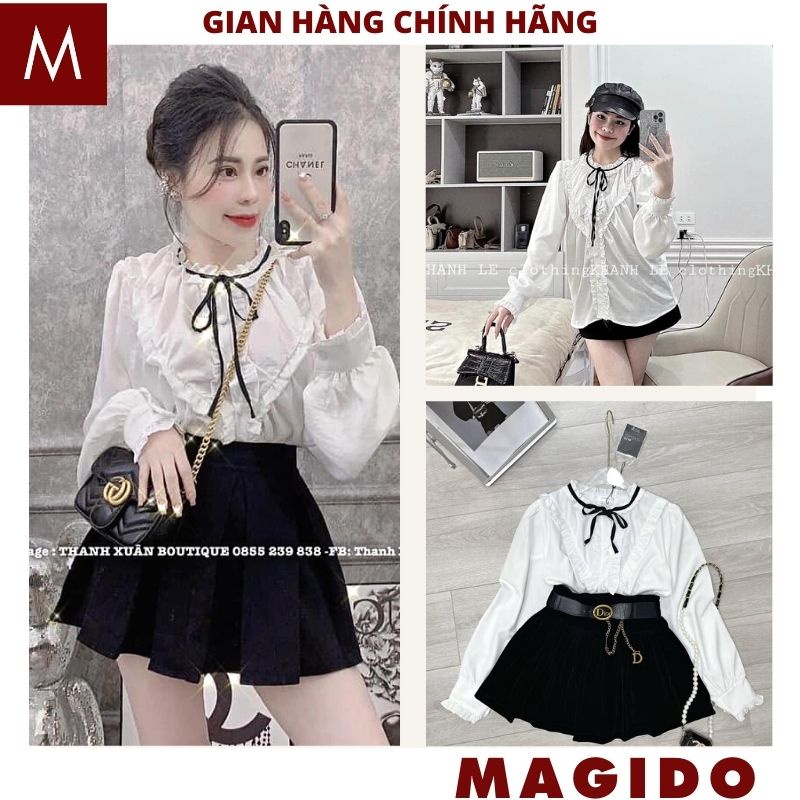 (ẢNH THẬT )Sét áo sơmi lụa cổ nơ viền bèo công chúa tặng kèm chân váy xếp ly dễ thương xinh xắn ulzzang ,MAGIDO