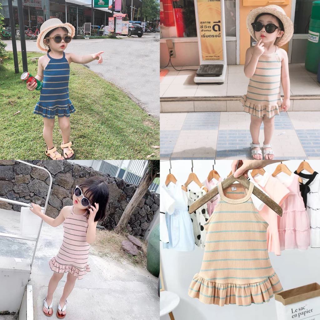 Váy đầm thun xoè sát nách kẻ sọc nhiều màu cho bé gái  N01277