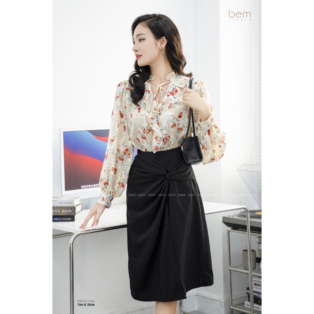 ÁO SƠMI HOA Sang Trọng Phối Chân Váy Tôn Dáng Nữ Tính BEM STUDIO (T09 & SK06)