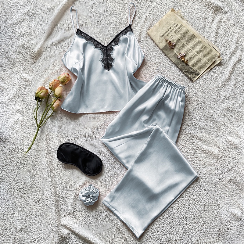 Bộ Đồ Ngủ 4 Món Bằng Lụa Mát Phối Ren Quyến Rũ Dành Cho Nữ