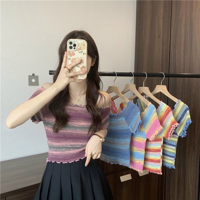 Áo len mỏng trễ vai phối màu trẻ trung - bigsize mặc được