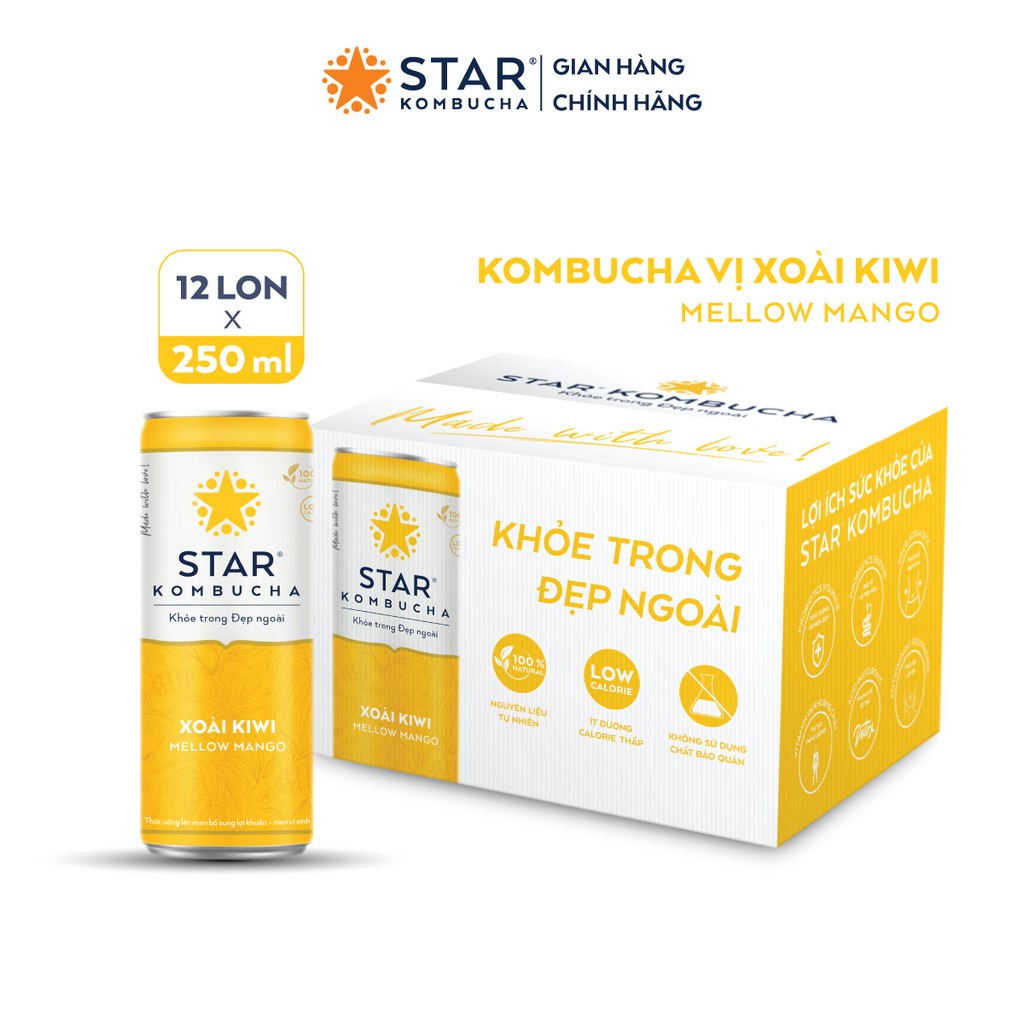 Thùng 12 lon STAR KOMBUCHA Xoài Kiwi / Mellow Mango (250ml/lon) - Trà lên men vi sinh chứa probiotics