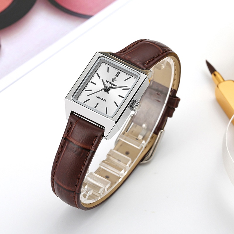 Đồng Hồ Đeo Tay WWOOR Mặt Vuông Dây Da Nâu Reloj Mujer-8850 Thời Trang Cho Nữ-8850