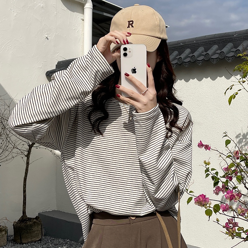 Áo thun SUXI cho nữ thiết kế cổ tròn dài tay sọc ngang thời trang