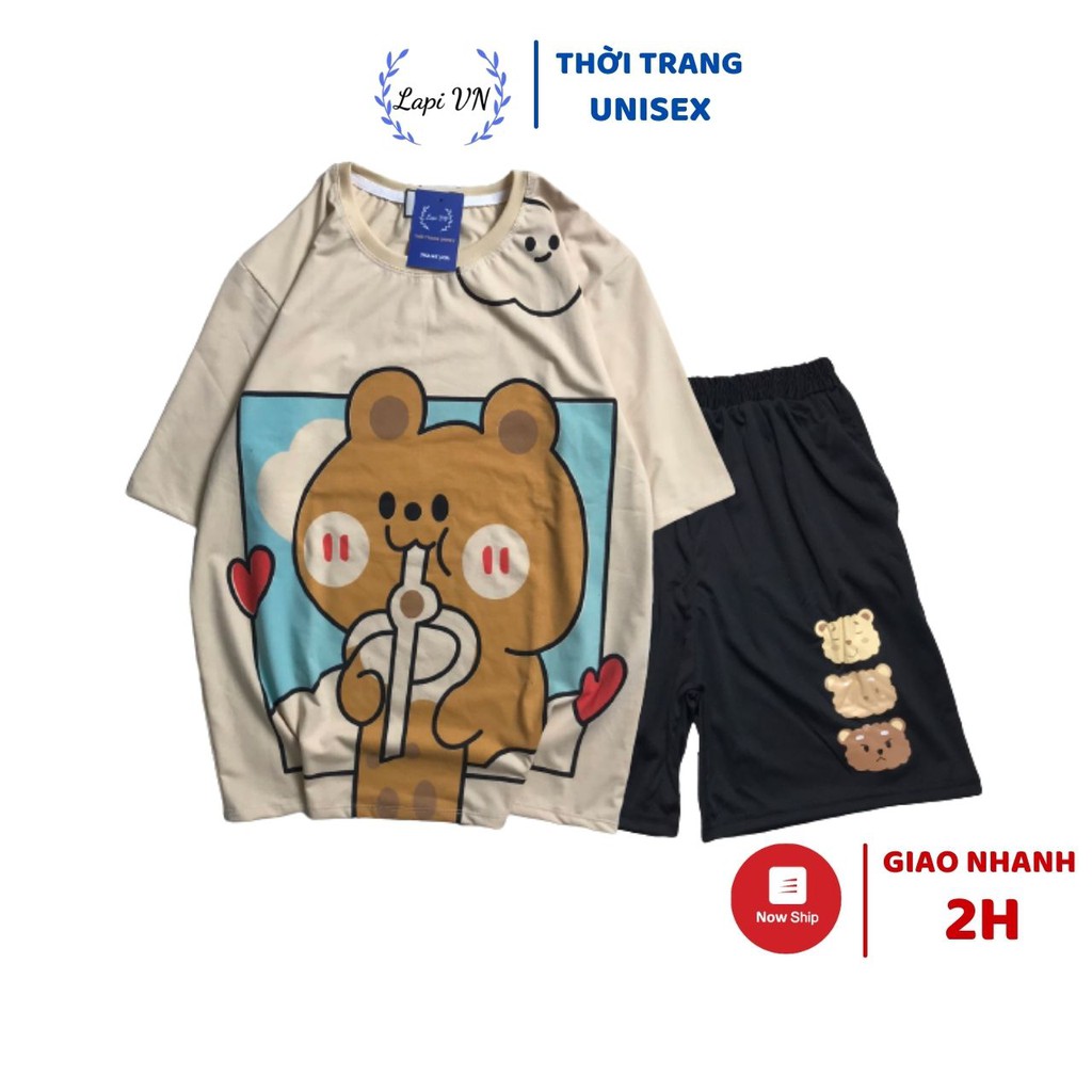 Đồ Bộ Hoạt Hình Unisex Tay Lỡ Gấu Trà Sữa Lapi VN, Đồ Bộ Cartoon, Freesize, Thun Cotton, Nam Nữ Đều Mặc Được