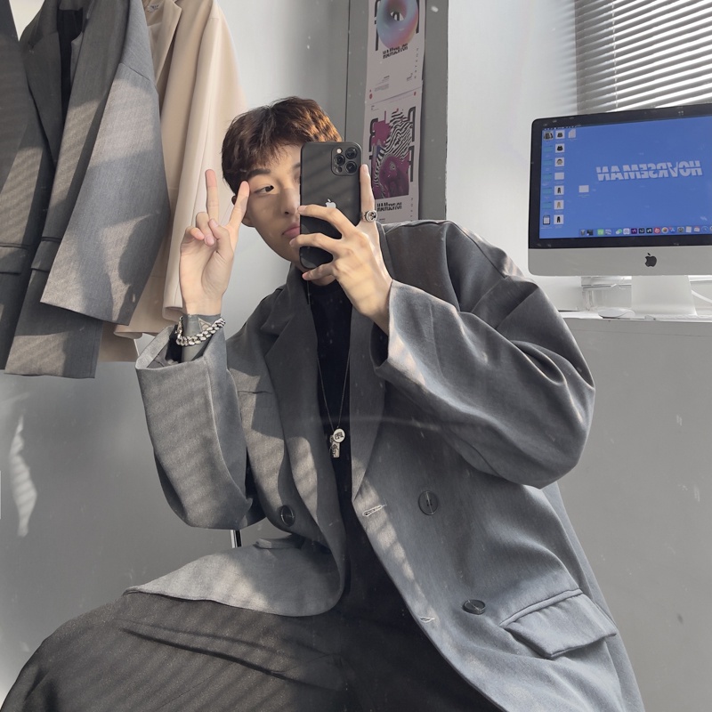 ♞AFF LIGA♞ Áo khoác blazer tay dài dáng rộng màu xám và đen phong cách cổ điển thời trang Hàn Quốc cho nam