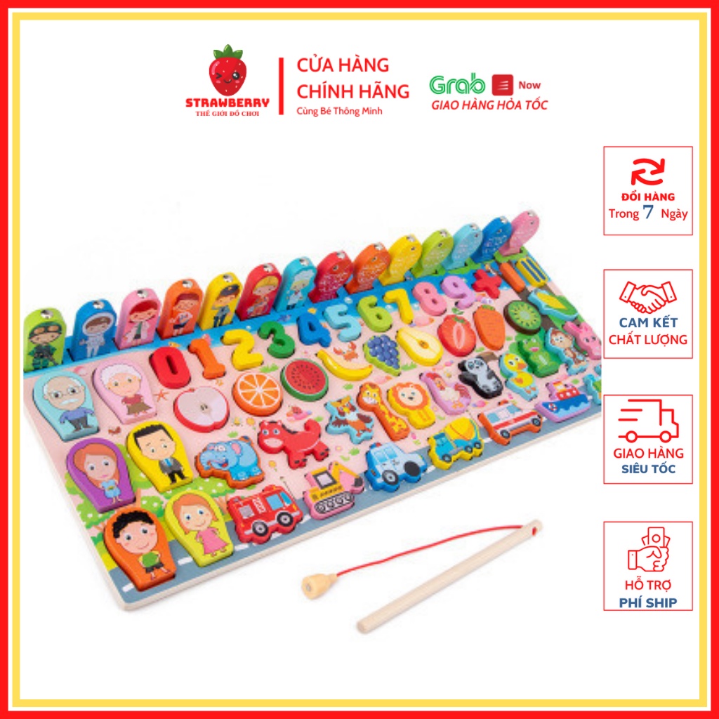 Bộ Bảng Gỗ Câu Cá Và Ghép Hình Học, Chữ Số, Chữ Cái, Phương Tiện cho bé Strawberry