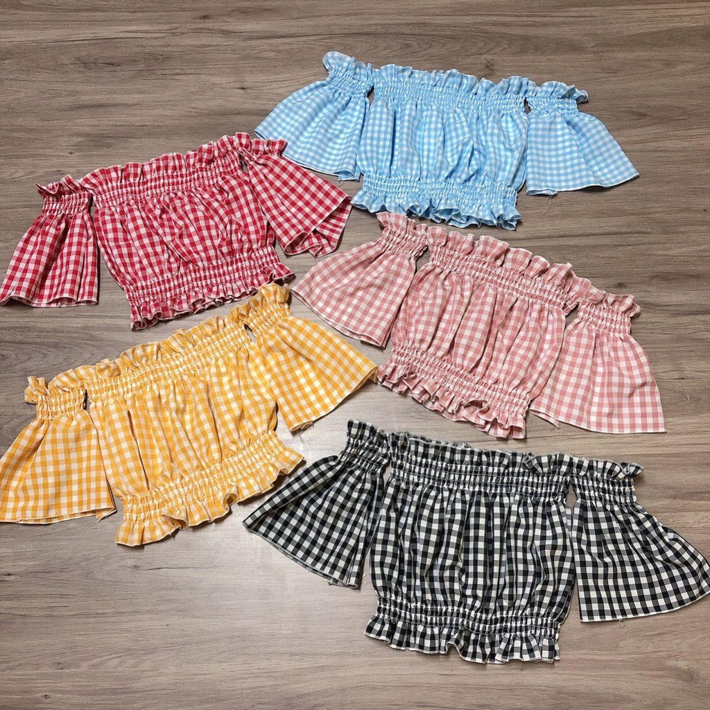 🌸 1125A34B1 Áo trễ vai croptop caro nhí tay loe dễ thương  🌸