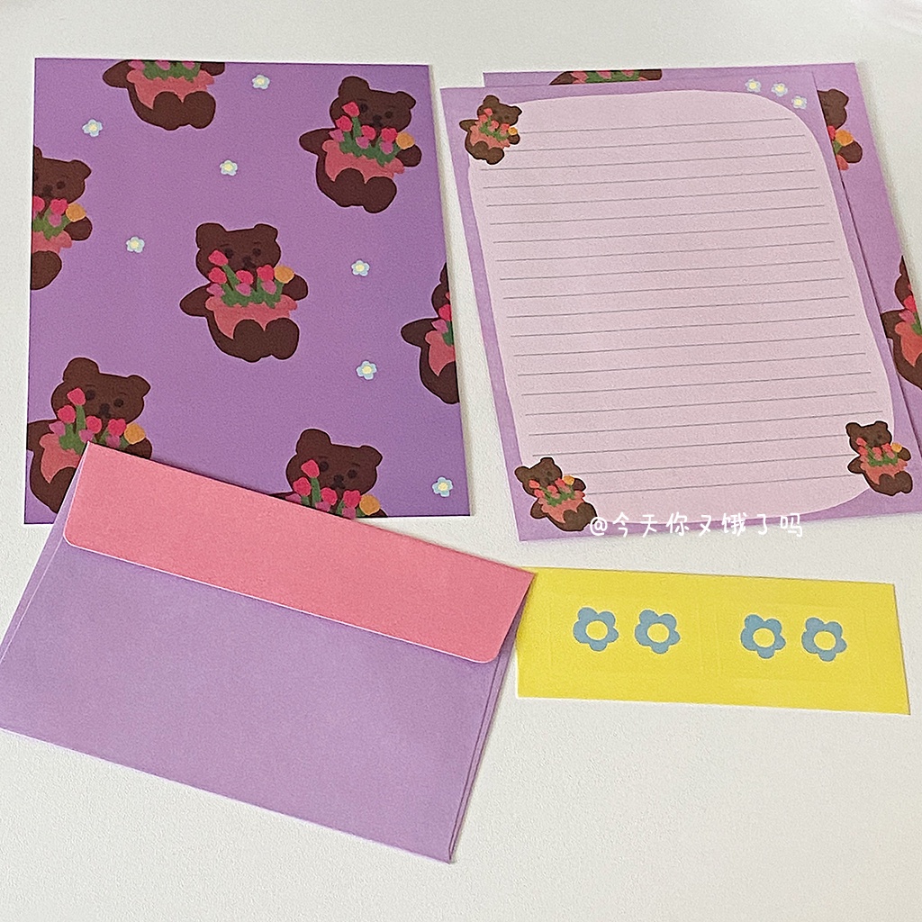 Bộ Nhãn Dán Trang Trí Phong Bì Họa Tiết Gấu Và Chữ Dễ Thương Lãng Mạn