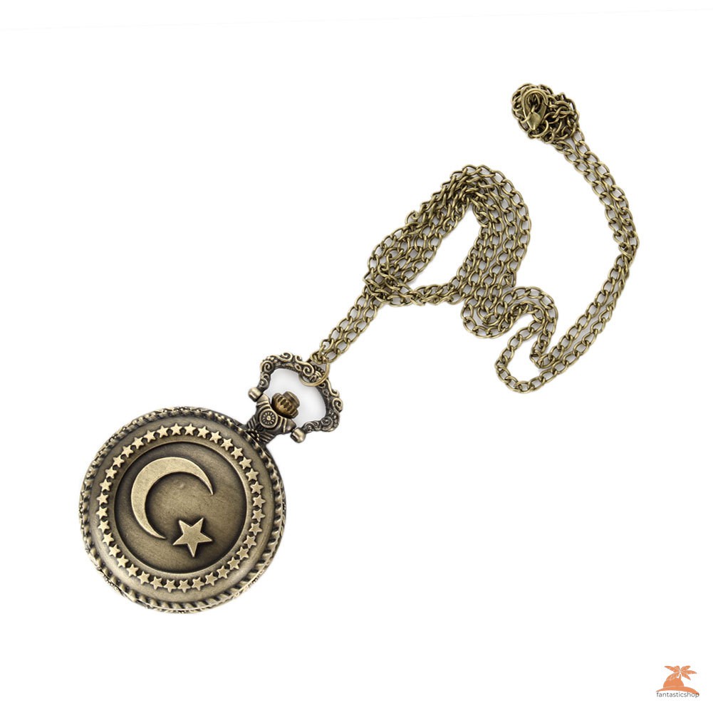 #Đồng hồ bỏ túi# Antique Bronze Turkish Flag Design Moon and Star Theme Quartz Pocket Watch With Necklace Chain