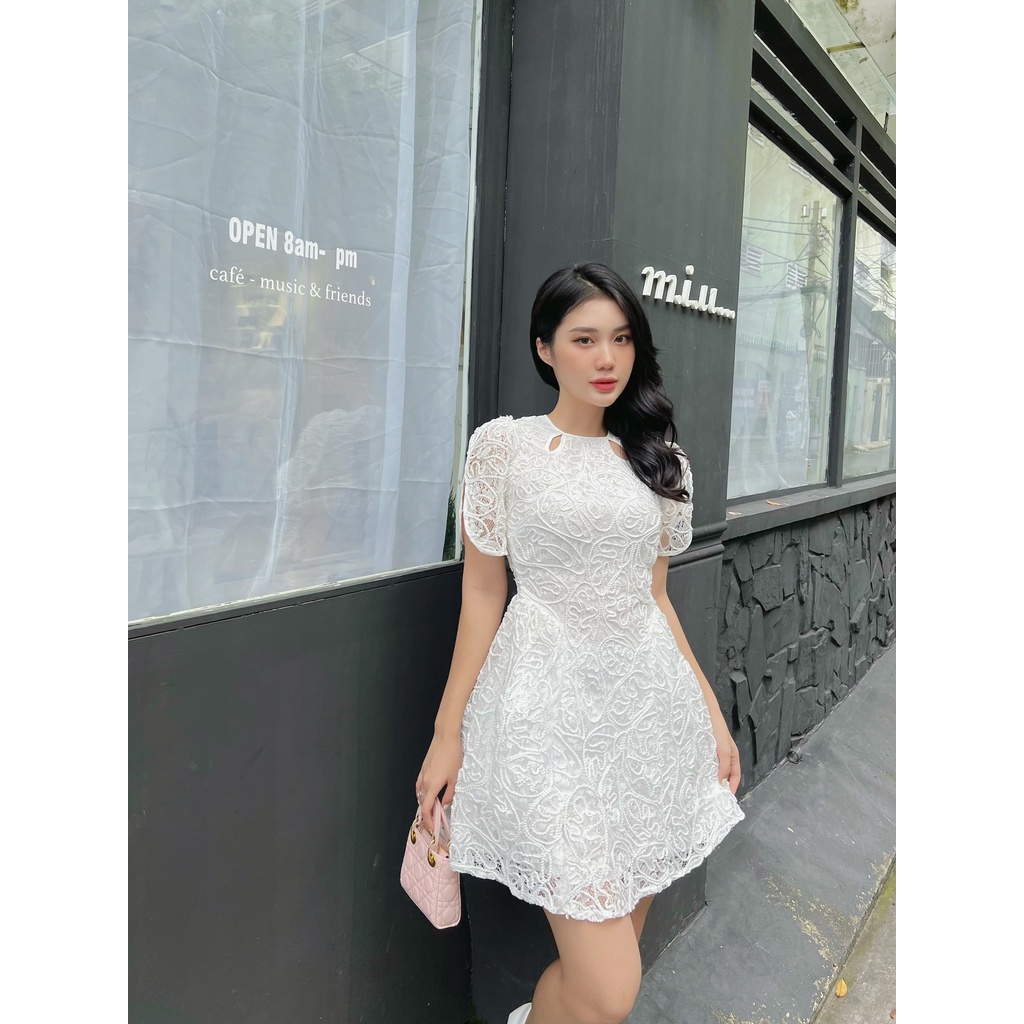 (Beutii) Đầm Ren Hoa Dáng Xòe Tay Xẻ Cổ Giọt Nước Cao Cấp - BRL21 - Vải Ren Hoa - 3 Màu Trắng, Đen, Kem - ẢNH THẬT