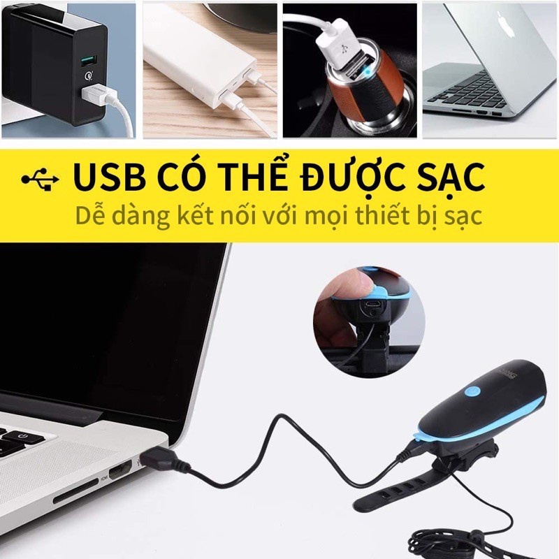 Đèn Xe Đạp Chống Nước, Đèn Xe 3 Chế Độ Siêu Sáng Kèm Còi Bấm Tặng Kèm Dây Sạc USB