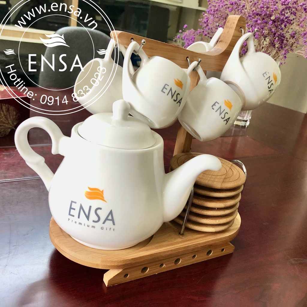 Bộ ấm chén giá tre + đĩa tre cao cấp