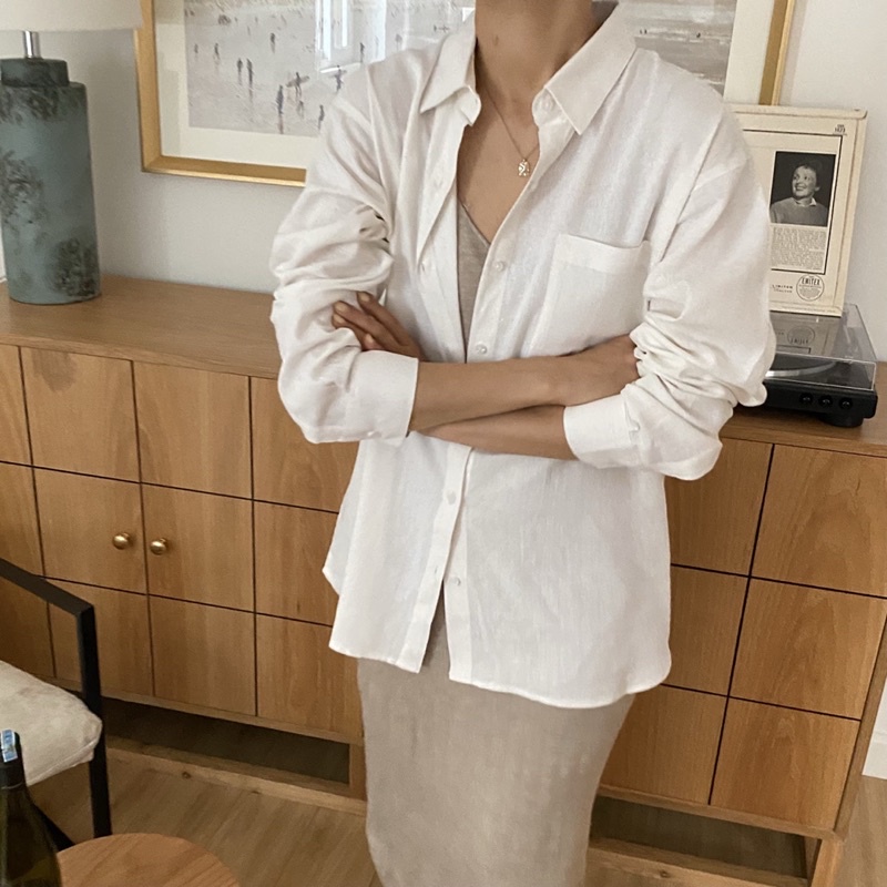 Áo Sơ Mi Dài Tay Chất Liệu Linen Màu Trắng dành cho Nữ Heebyohi