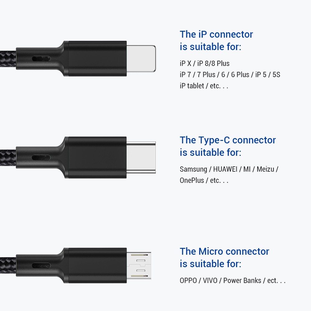 Dây cáp sạc TOPK AN20 nhiều cổng sạc USB micro type C lightning 3 trong 1 cho điện thoại iPhone Samsung Huawei dài 1.2M | WebRaoVat - webraovat.net.vn