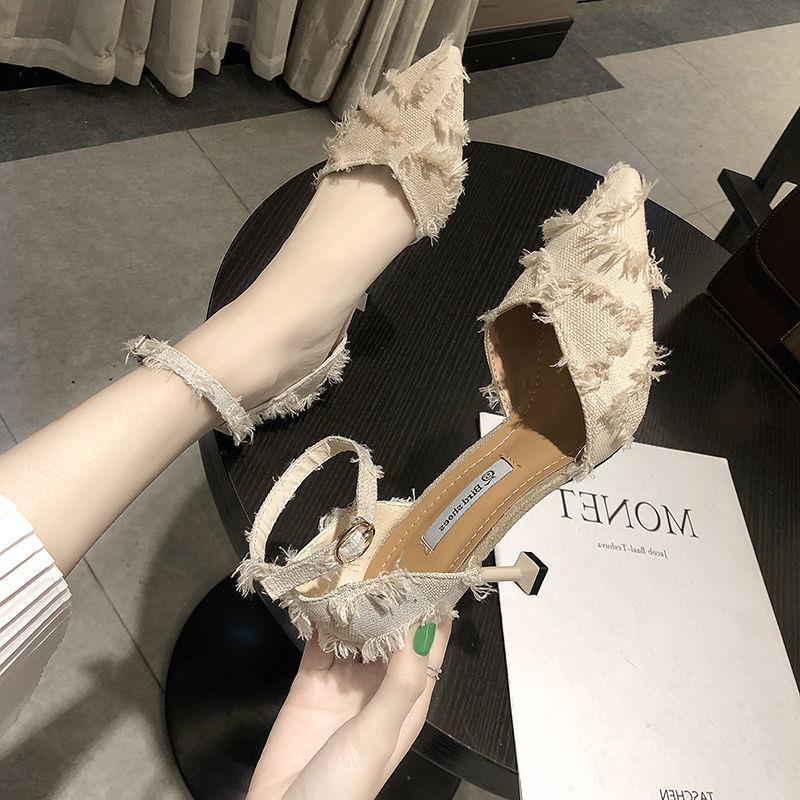 Single Shoes Women's Spring And Summer 2021 New Wild One-Word Buckle High Heels Women's Stiletto Pointed Sexy Lace Fashi