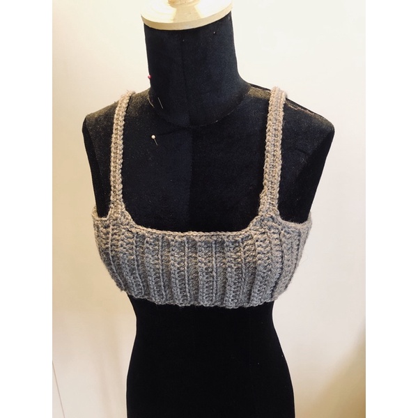 Áo bralette len móc áo croptop dáng bra thắt dây lưng ghi lông chuột