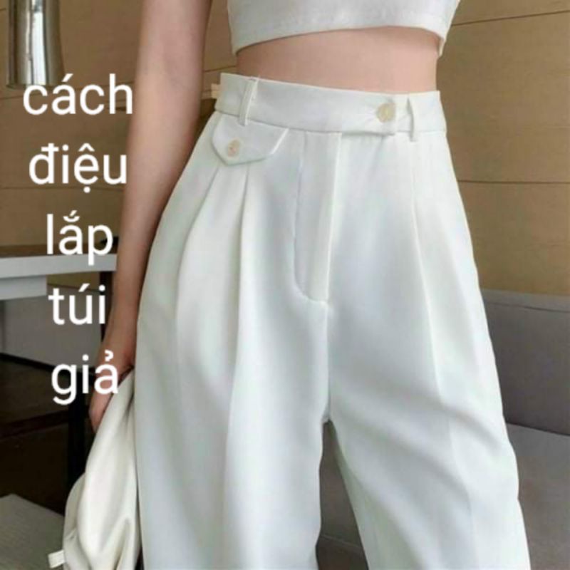 Quần ống rộng 6321 nữ dài 95cm dáng suông đứng có lắp túi giả điệu đà cạp nhỏ 1 cúc lưng cao