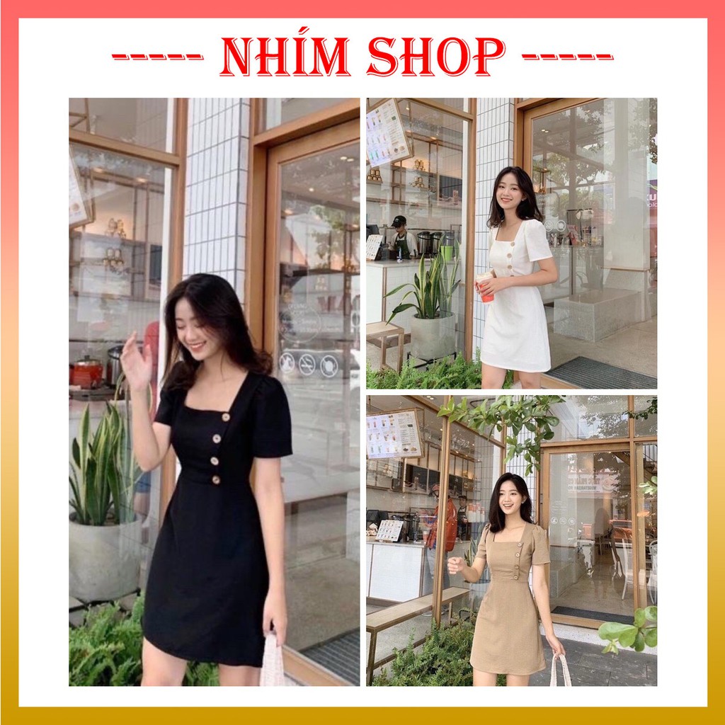 Đầm nữ cổ vuông ♥️ Váy nữ cổ vuông phối nút - NhimShop ĐN01