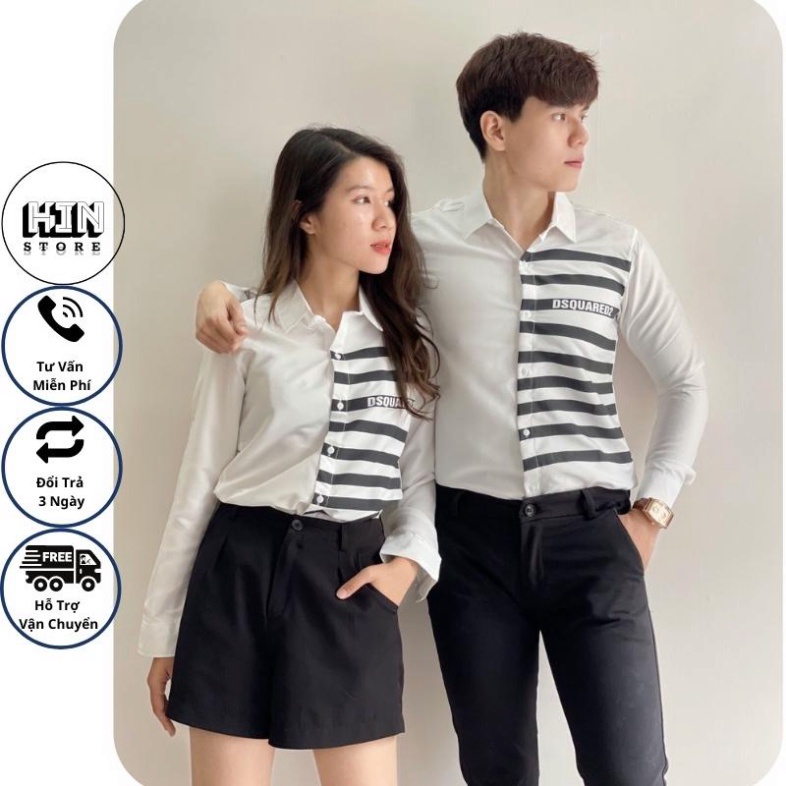 Áo Sơ Mi Nam Hàn Quốc, Áo Sơ Mi Đôi Nam Nữ Phối Sọc Ngang Đen Trắng, HIN ITTD04 01