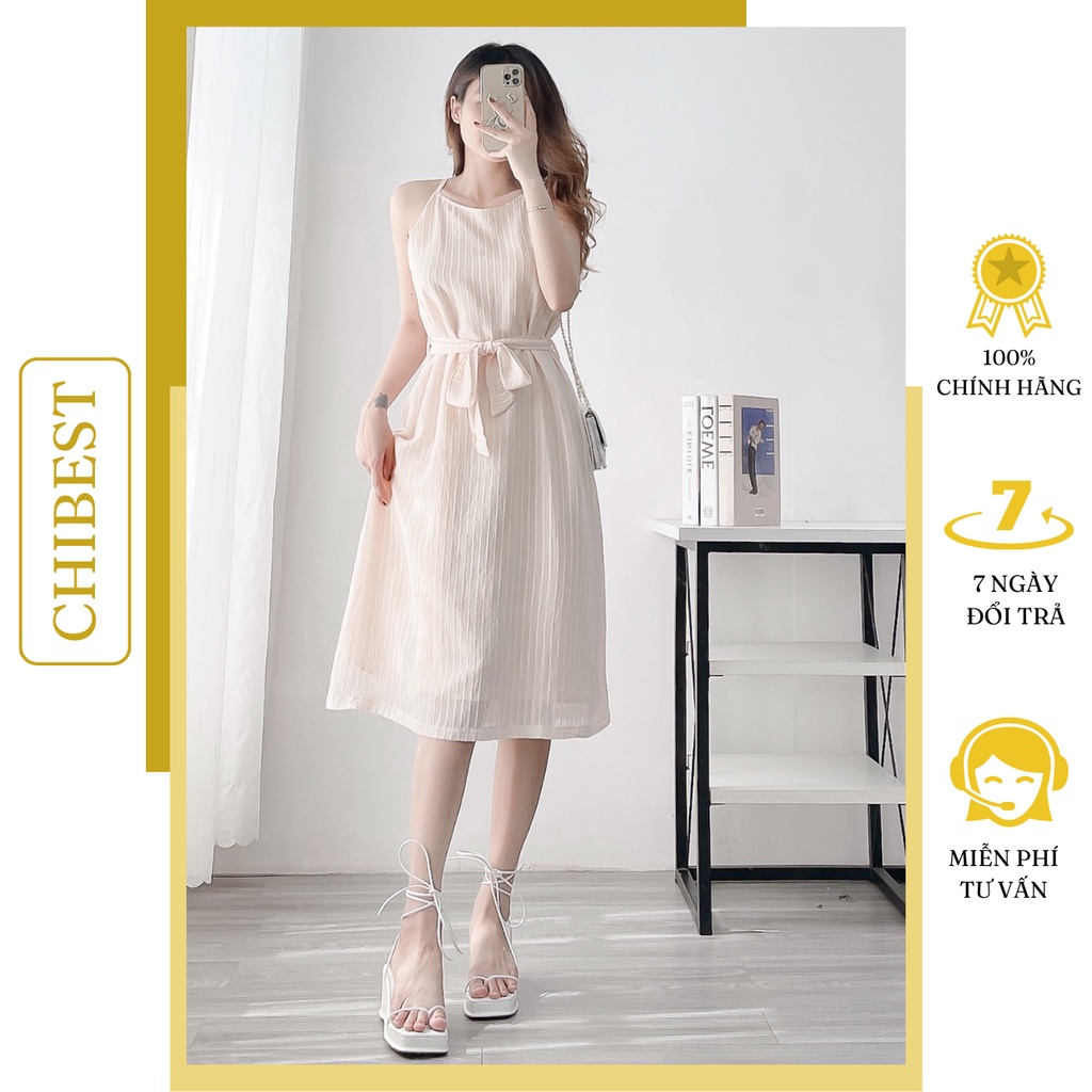 Đầm Yếm Hai Dây Cột Nơ eo chất liệu tơ sọc ADB612 CHIBEST