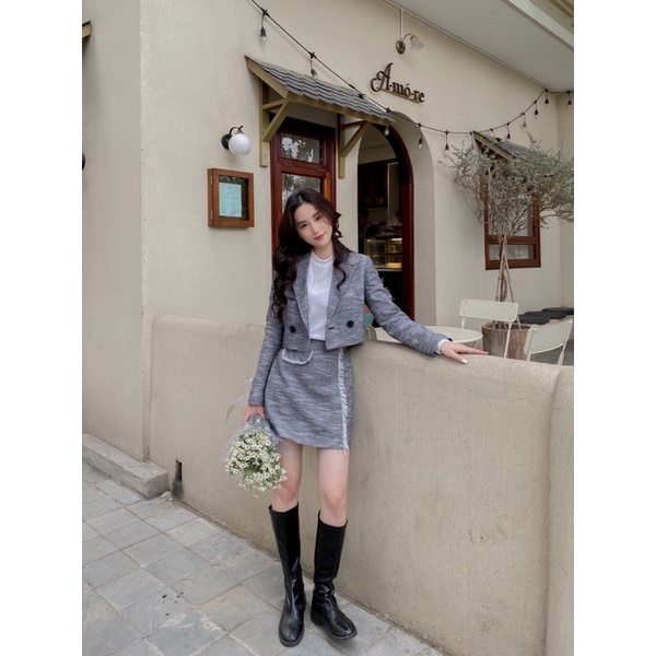 Áo vest dáng croptop dài tay nữ MADELEN chất vải Tweed
