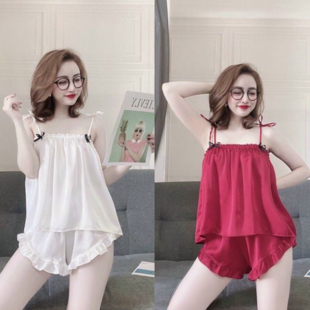 Bộ đồ ngủ mặc nhà lụa trơn 2 dây áo thắt nơ | BigBuy360 - bigbuy360.vn