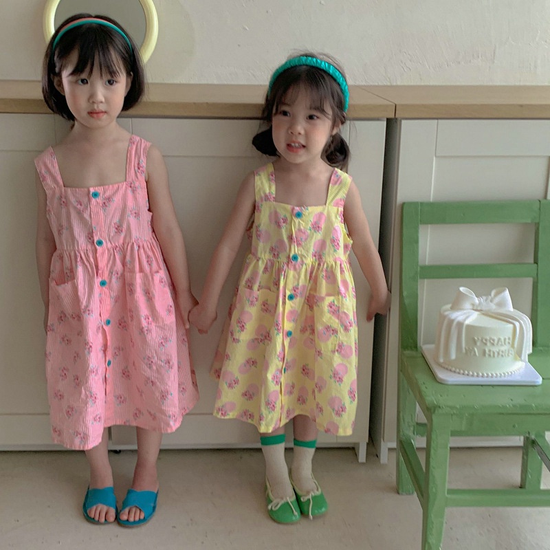 Đầm Công Chúa Cổ Vuông Cài Nút Họa Tiết Hoa Màu Kem Phong Cách Phương Tây Thời Trang Mùa Hè Cho Bé Gái